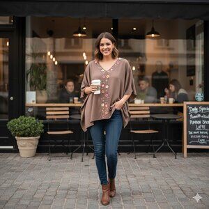 Oddy brown boho floral embroidered flowy top size 1XL/2XL